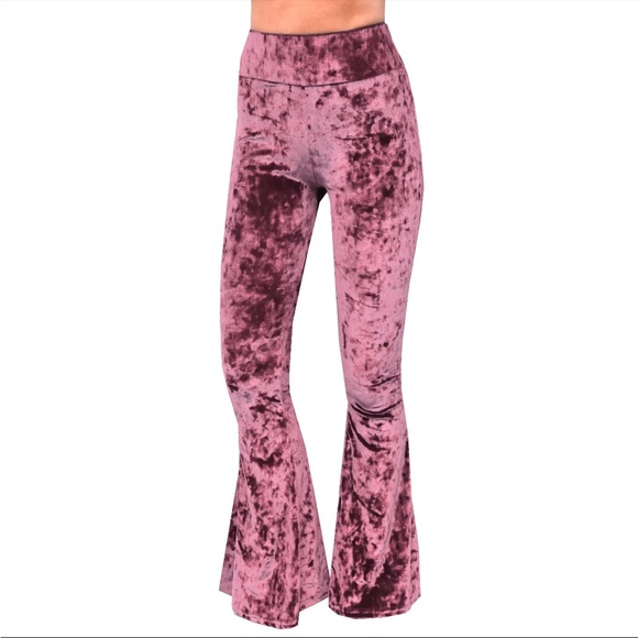Dusty Rose Crushed Velvet Bell Bottom Flare Pants - Picture 4 of 9